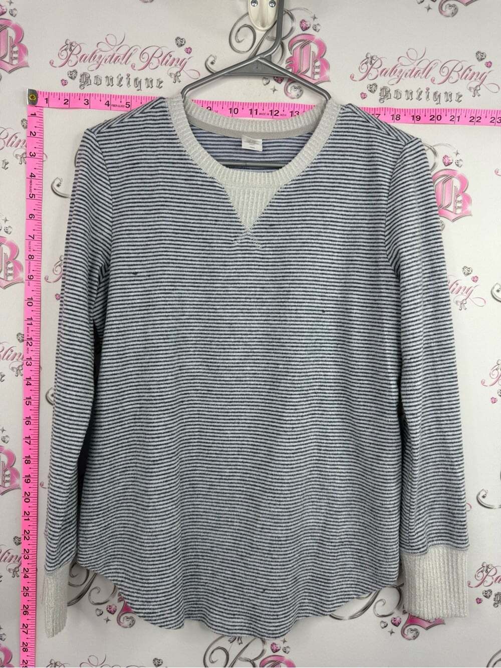 Simons Navy and Cream Striped Crewneck Sweater
